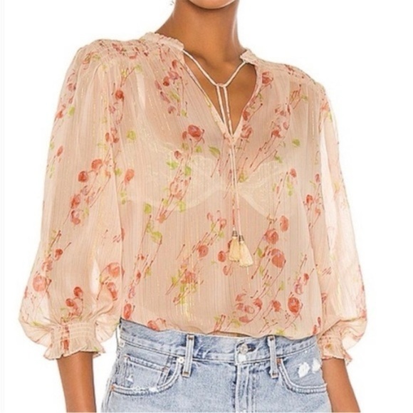 Paige Indira Floral Print Metallic Stripe Blouse Afterglow Multi Sheer Boho Sz L - Picture 1 of 16